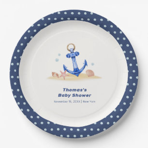 Plato De Papel Bajo el mar Nautical Anchor Boy Baby Shower