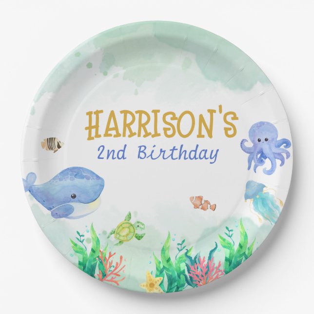 Plato De Papel Bajo el mar Nautical Whale Turtle Birthday (Anverso)