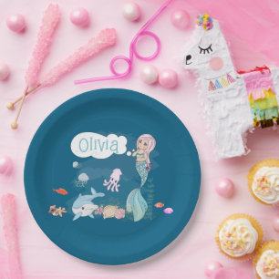 Plato De Papel Bajo el Mar Sirena Dulce Personalizado