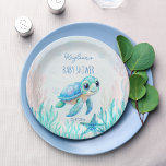 Plato De Papel Bajo el mar, una bella tortuga acua ducha de bebé<br><div class="desc">Debajo del mar linda tortuga marina aqua azul ducha bebé monograma personalizado plancha de papel impreso,  sorbo y mar niño bebé ducha de bebé decoración de mesa personalizada placas de papel</div>