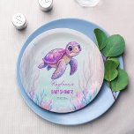 Plato De Papel Bajo el mar, una bella tortuga morada rosa ducha d<br><div class="desc">Bajo el mar linda tortuga marina rosa púrpura ducha de bebé monograma plancha de papel impreso personalizado,  sorbo y mar bebé chica ducha decoración de mesa personalizada</div>