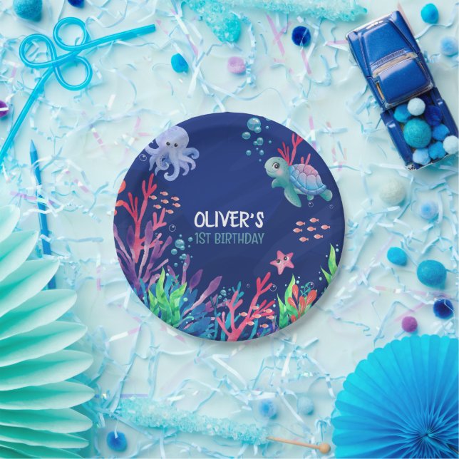 Plato De Papel Bajo el Océano Marítimo Primer Bebé Cumpleaños (Fiesta)