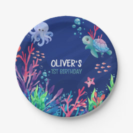 Plato De Papel Bajo el Océano Marítimo Primer Bebé Cumpleaños