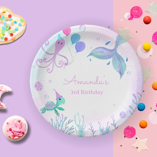Plato De Papel Bajo la sirena marina y el cumpleaños de la tortug (Enjoy your birthday cake with this adorable Mermaid, Sea Turtle party plate! )