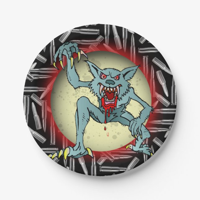 Plato De Papel Balas plateadas, Werewolf gris, Halloween de luna  (Anverso)