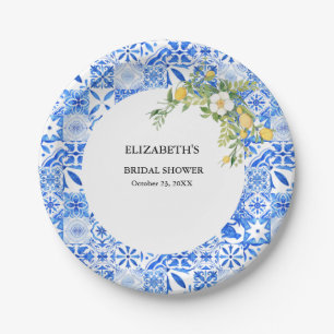 Plato De Papel Baldosa azul Boho y arco boda limón