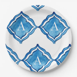 Plato De Papel Baldosa Azul Cobalto Mediterránea Monograma Redond