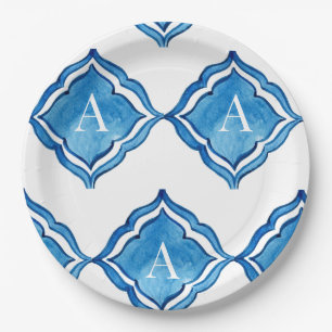 Plato De Papel Baldosa Azul Cobalto Mediterránea Monograma Redond