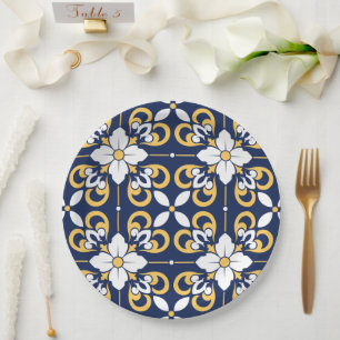 Plato De Papel Baldosa decorativa geométrica de oro azul marroquí