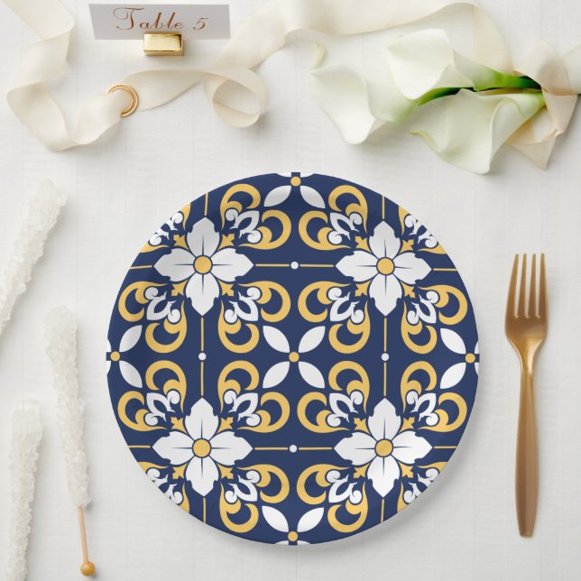 Plato De Papel Baldosa decorativa geométrica de oro azul marroquí (Boda)