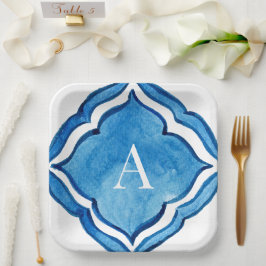 Plato De Papel Baldosa Monograma II Azul Cobalto Mediterráneo