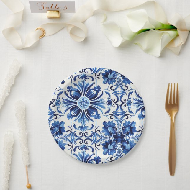 Plato De Papel Baldosas azul mediterráneas de acuarela moderna (Boda)