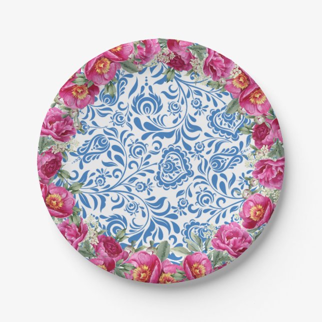 Plato De Papel Baldosas azules Flor rosa Fiesta mediterráneo (Anverso)