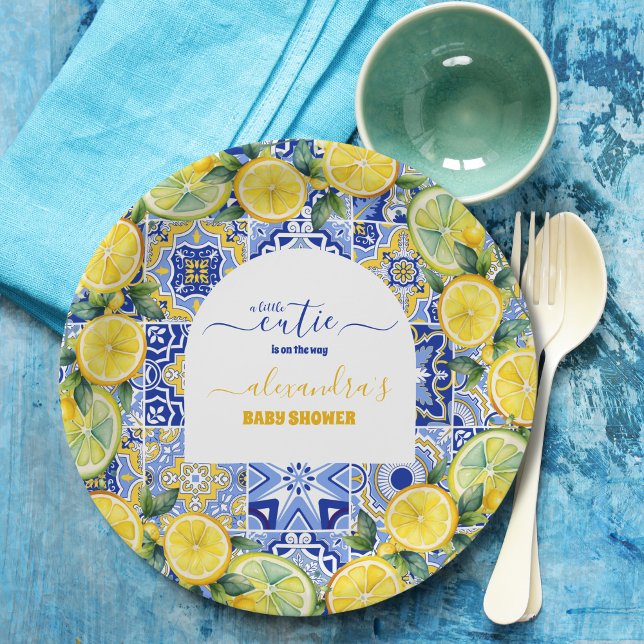 Plato De Papel Baldosas azules italianas agua limón bebé ducha (Subido por el creador)