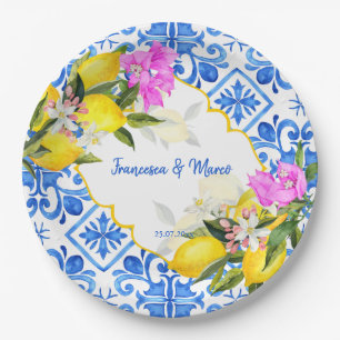Plato De Papel Baldosas azules limón Bougainvillea boda personali