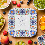 Plato De Papel Baldosas azules mexicanas coloridas ducha de novia<br><div class="desc">Baldosas azules de color azul talavera mexicana azulejo ducha de novia estampado placas de papel decoración personalizada de vajilla,  letra casual manuscrita</div>