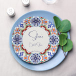 Plato De Papel Baldosas azules mexicanas coloridas ducha de novia<br><div class="desc">Baldosas azules de color azul talavera mexicana azulejo ducha de novia estampado placas de papel decoración personalizada de vajilla,  letra casual manuscrita</div>