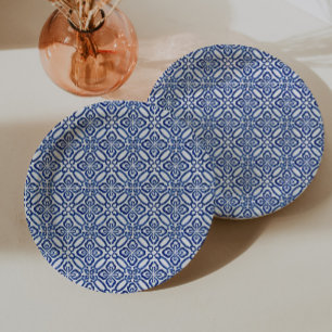 Plato De Papel Baldosas Azules Y Blancas Positano Baby Shower Bru