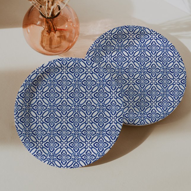Plato De Papel Baldosas Azules Y Blancas Positano Baby Shower Bru (Positano blue and white tile print for italian theme bridal shower  or baby shower)