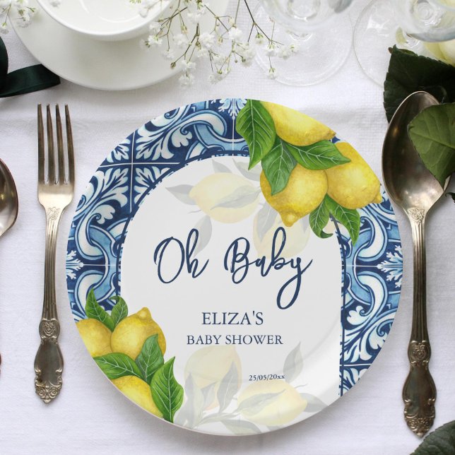 Plato De Papel Baldosas azules y limón Amalfi Positano ducha de b (Blue tiles and lemon Amalfi Positano Mediterranean baby shower template Paper Plates personalized)