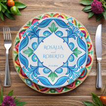 Baldosas de Aqua Blue Talavera monogramadas boda
