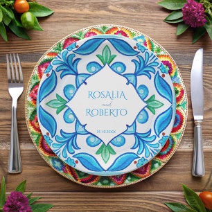 Plato De Papel Baldosas de Aqua Blue Talavera monogramadas boda