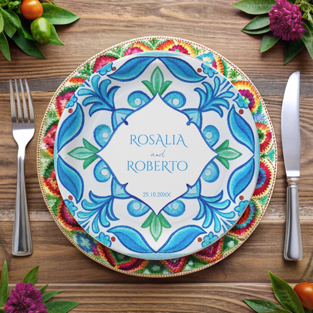 Plato De Papel Baldosas de Aqua Blue Talavera monogramadas boda (Aqua Blue Talavera tiles monogrammed customized Paper Plates vintage Mexican wedding printed plates)
