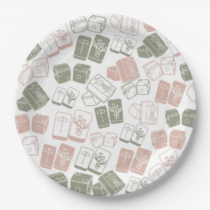 Plato De Papel Baldosas de Mahjong y dados en rosa y caqui