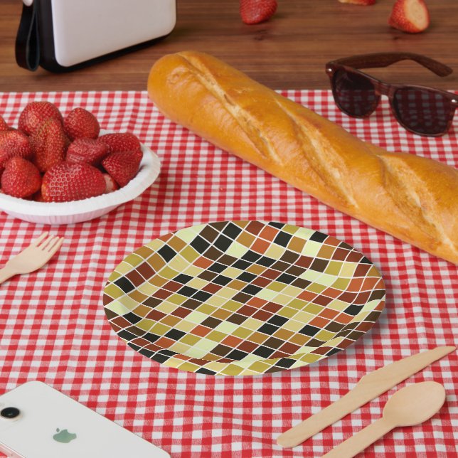 Plato De Papel Baldosas de piscina, mosaicos marrones, patrón geo (Picnic)