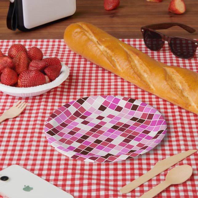 Plato De Papel Baldosas de piscina, mosaicos rosados, patrón geom (Picnic)