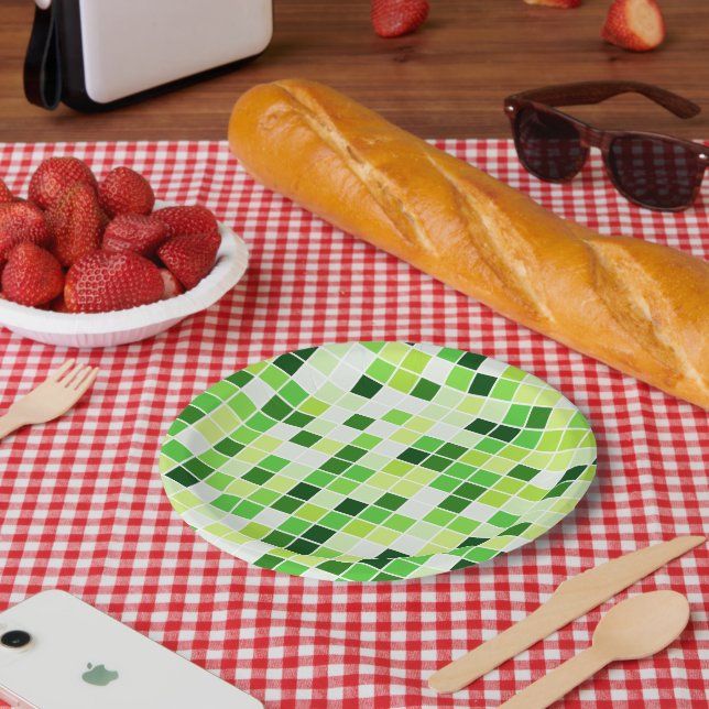 Plato De Papel Baldosas de piscina, mosaicos verdes, patrón geomé (Picnic)