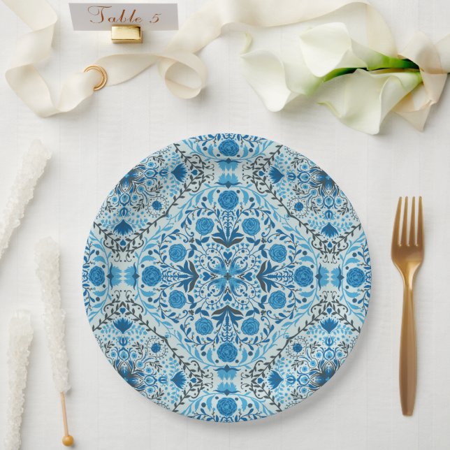 Plato De Papel Baldosas florales azules (Boda)