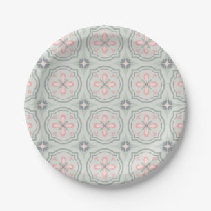 Plato De Papel Baldosas Florales Verde Pastel