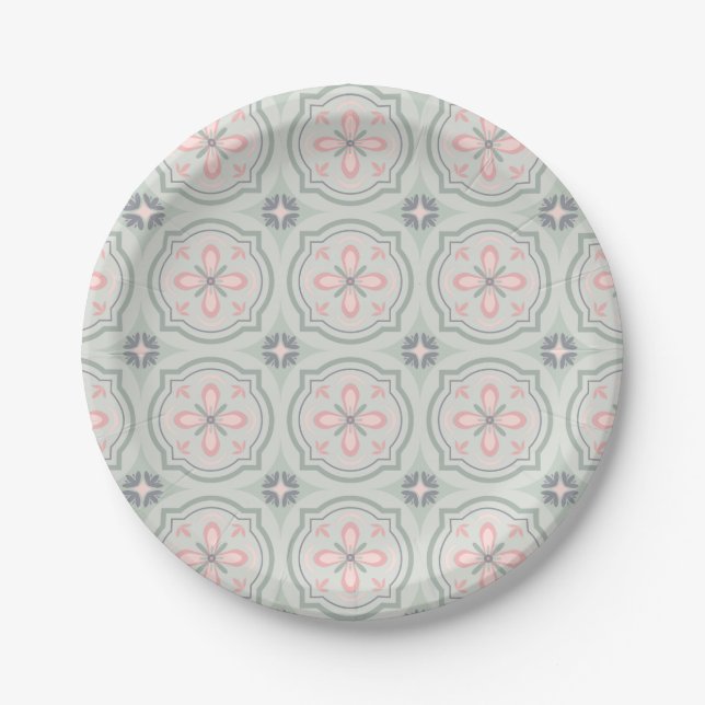 Plato De Papel Baldosas Florales Verde Pastel (Anverso)