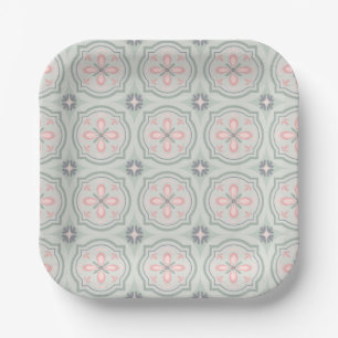 Plato De Papel Baldosas Florales Verde Pastel