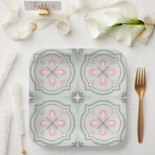 Plato De Papel Baldosas Florales Verde Pastel