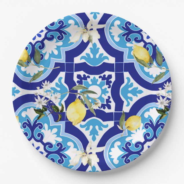 Plato De Papel Baldosas mediterráneas, azulejos azules, limón, (Anverso)