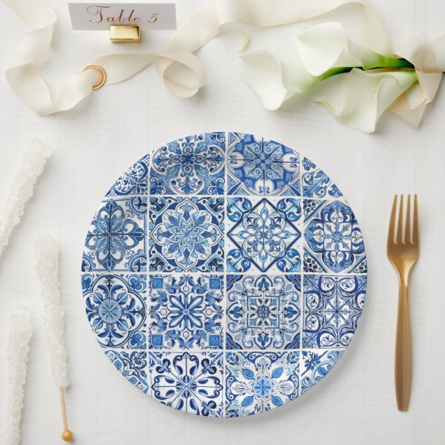 Plato De Papel Baldosas mediterráneas, portuguesas, azulejo, mall (Boda)