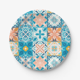 Plato De Papel Baldosas orgánicas en azul y naranja