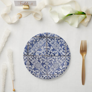 Plato De Papel Baldosas portuguesas - Azulejo Floral azul y blanc