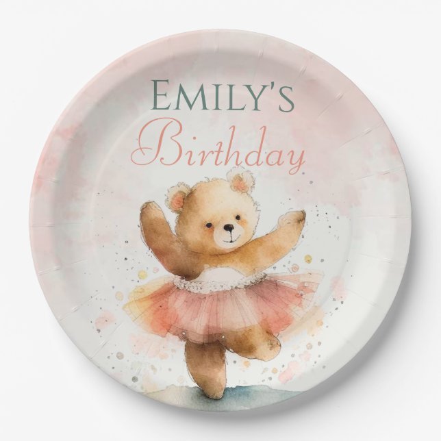 Plato De Papel Balerín de oso pequeño acuarela rosa Cumpleaños (Anverso)
