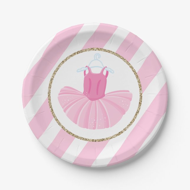 Plato De Papel Balerina Tutu Birthday Placas con rayas rosas (Anverso)