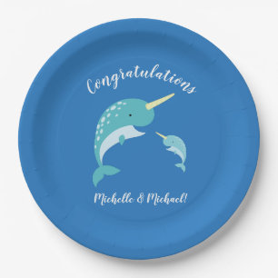 Plato De Papel Ballena de Narwhal Baby Shower Blue Boy