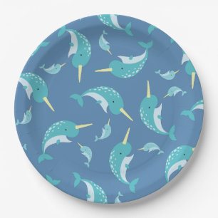 Plato De Papel Ballena de Narwhal Baby Shower Blue Boy
