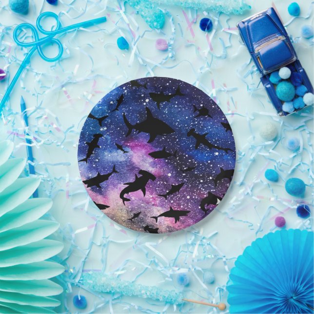 Plato De Papel Ballena de tiburón de pez sombra sobre galaxia deg (Fiesta)