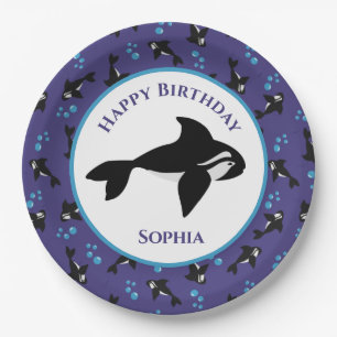 Plato De Papel Ballena Orca con burbujas Cumpleaños Personalizado