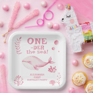 Plato De Papel Ballena Rosa Oneder El Mar 1er Cumpleaños