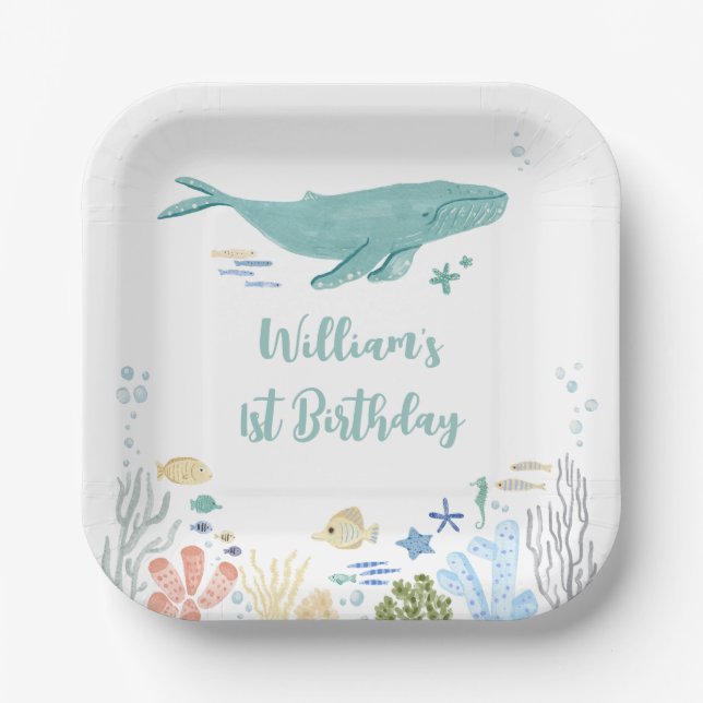 Plato De Papel Ballenas Bajo El Mar Primer Cumpleaños (Anverso)