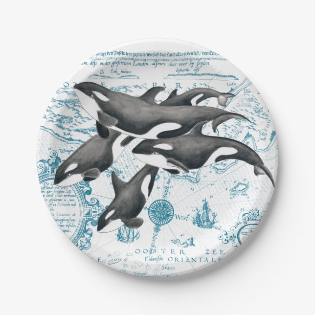 Plato De Papel Ballenas de orca azul antiguo (Anverso)