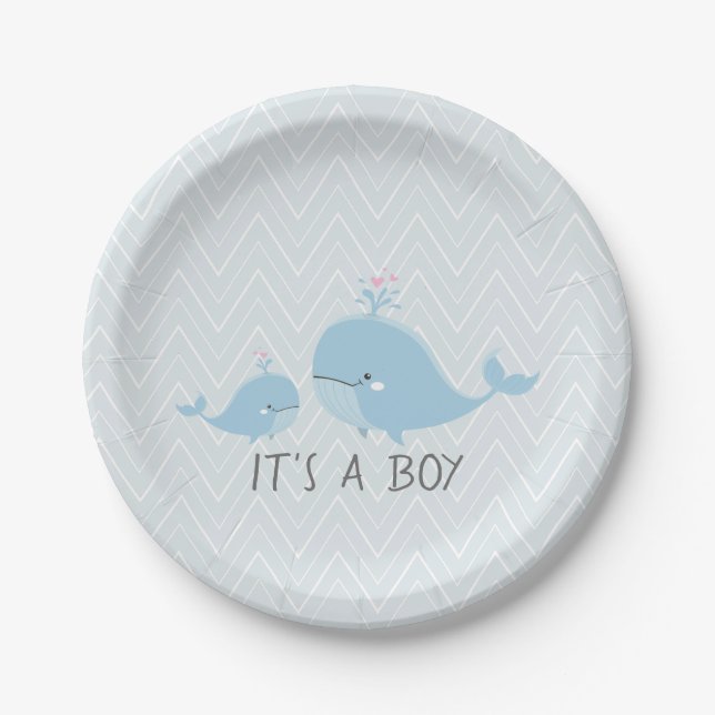Plato De Papel Ballenas lindas Chevron azul Baby Shower de la (Anverso)